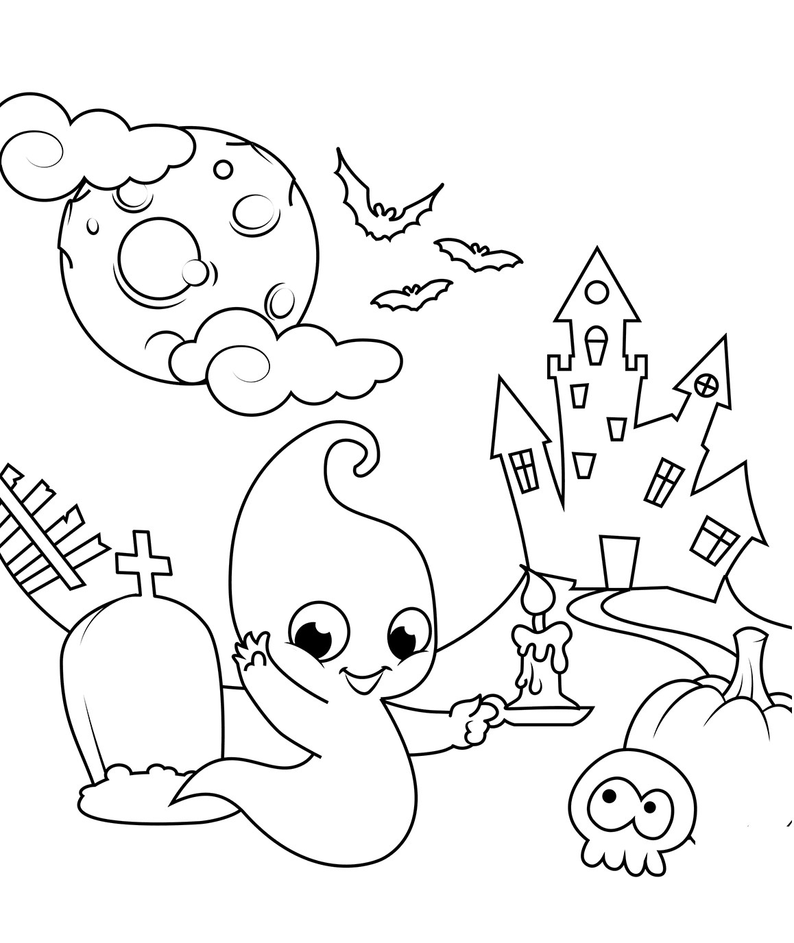 Scene With A Cute Ghost Halloween Coloring Page