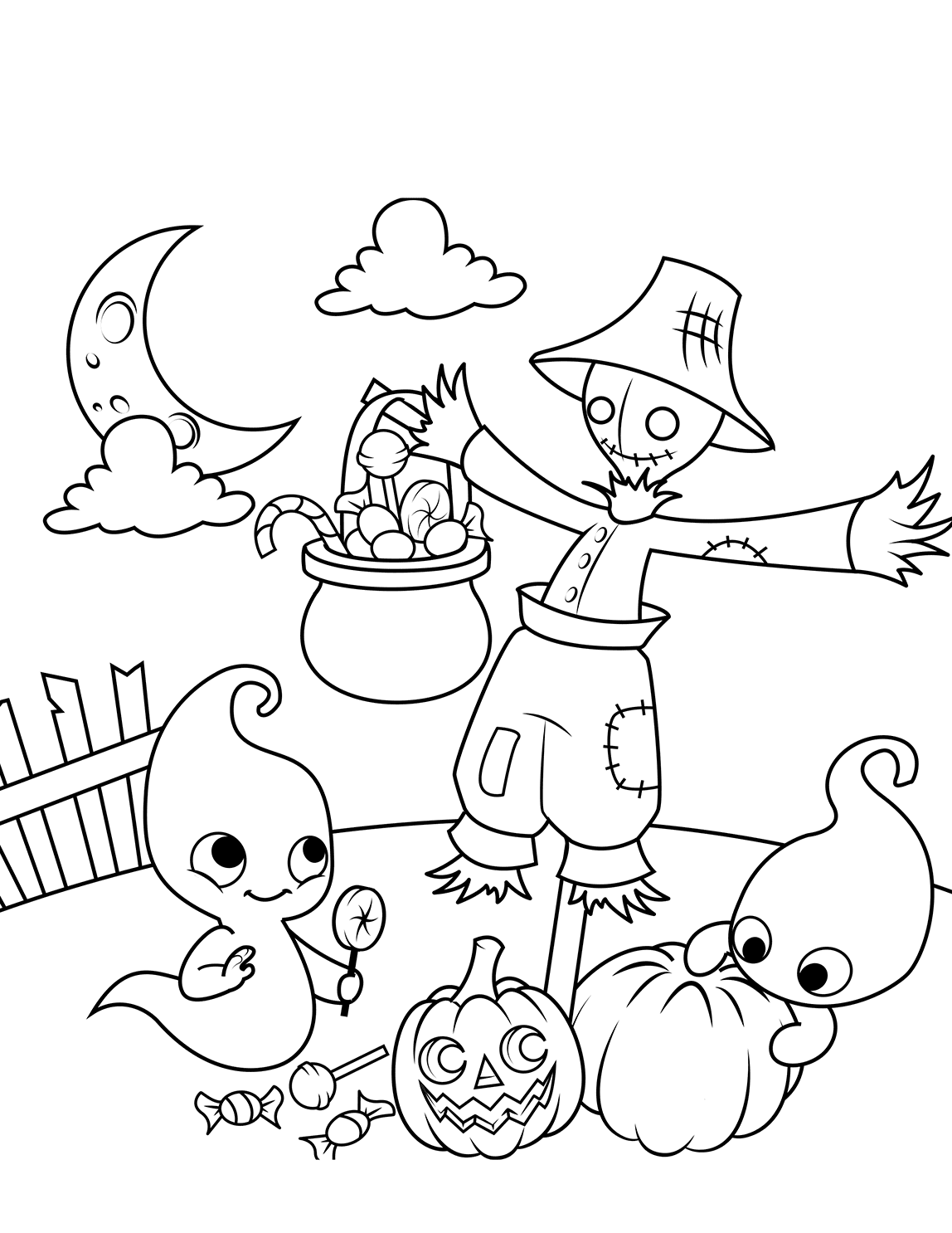 Scene With A Scarecrow And Cute Ghosts Halloween Coloring Page
