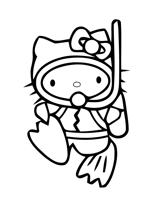 Scuba Diving Hello Kitty Coloring Page