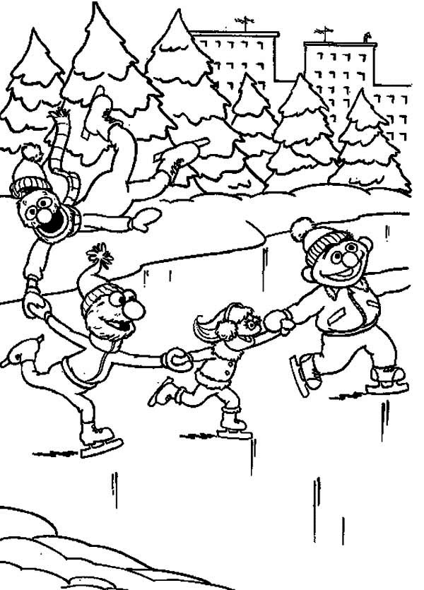 Sesame Street Characters Ice Skating Coloring Page
