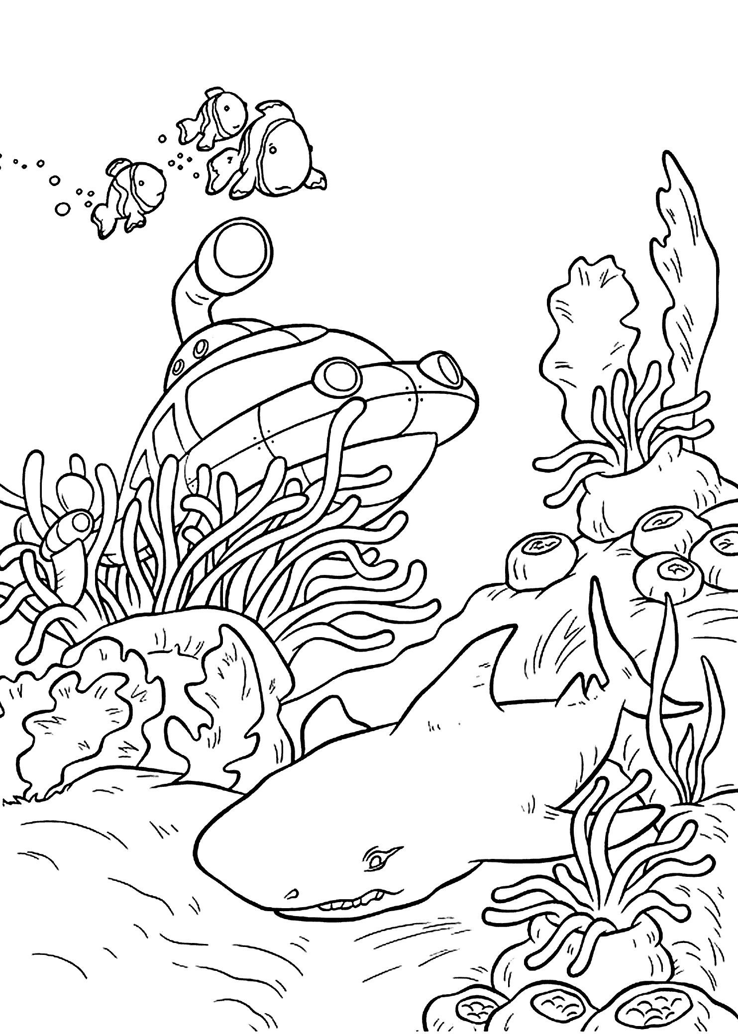 Shark And Submarine Coloring Page
