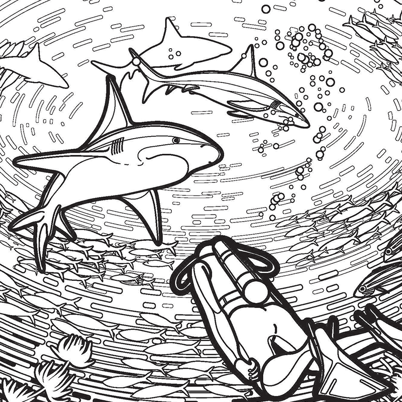 Sharks And Diver Coloring Page