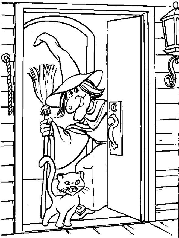 Simple Witch And Cat Halloween Kids Free Coloring Page