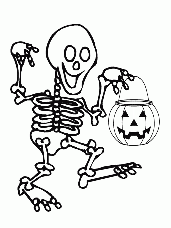 Skeleton With Pumpkin Candy Bag Coloring Page
