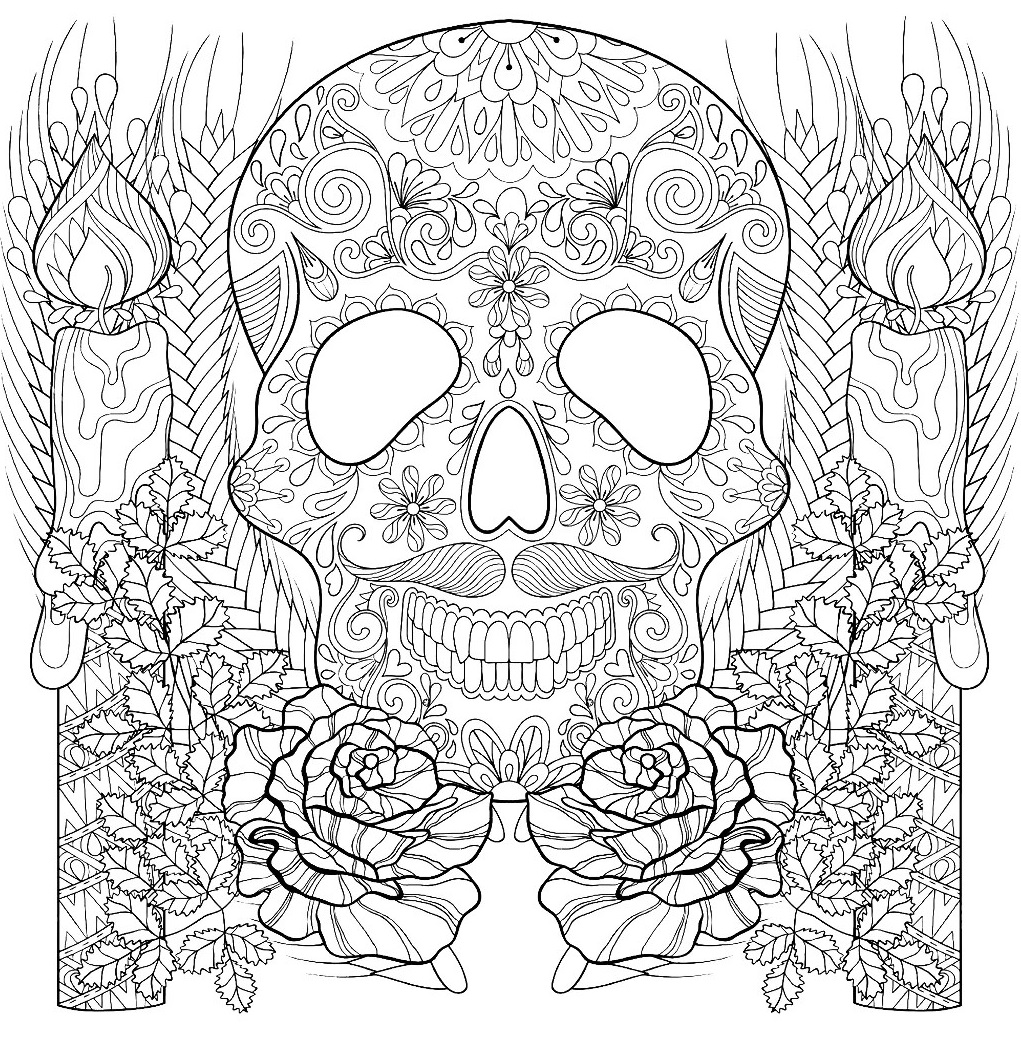 Skull And Candles For Halloween Coloring Page
