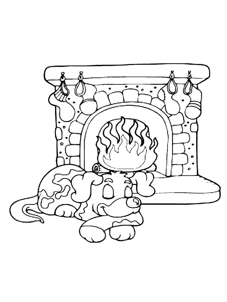 Sleeping Dog and Fireplace Coloring Page