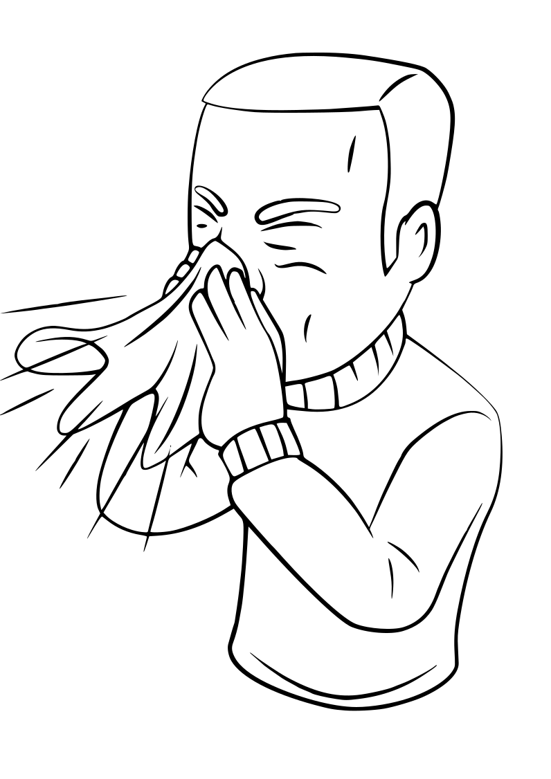 Sneezing Man Cartoon Character Coloring Page