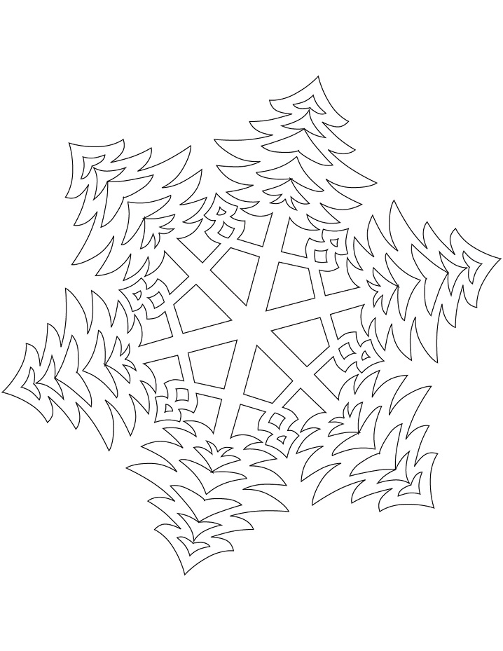 Snowflake with Bushy Christmas Trees Coloring Page
