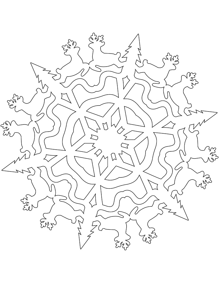 Snowflake with Christmas Reindeers Coloring Page