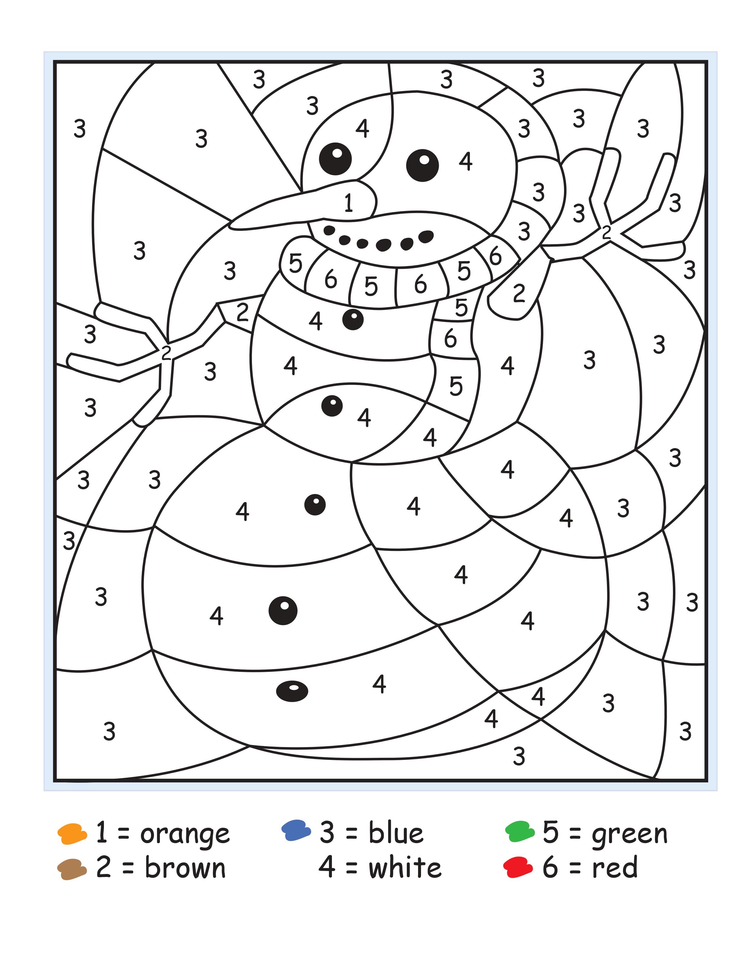 Snowman Color by Number Kindergarten Coloring Page