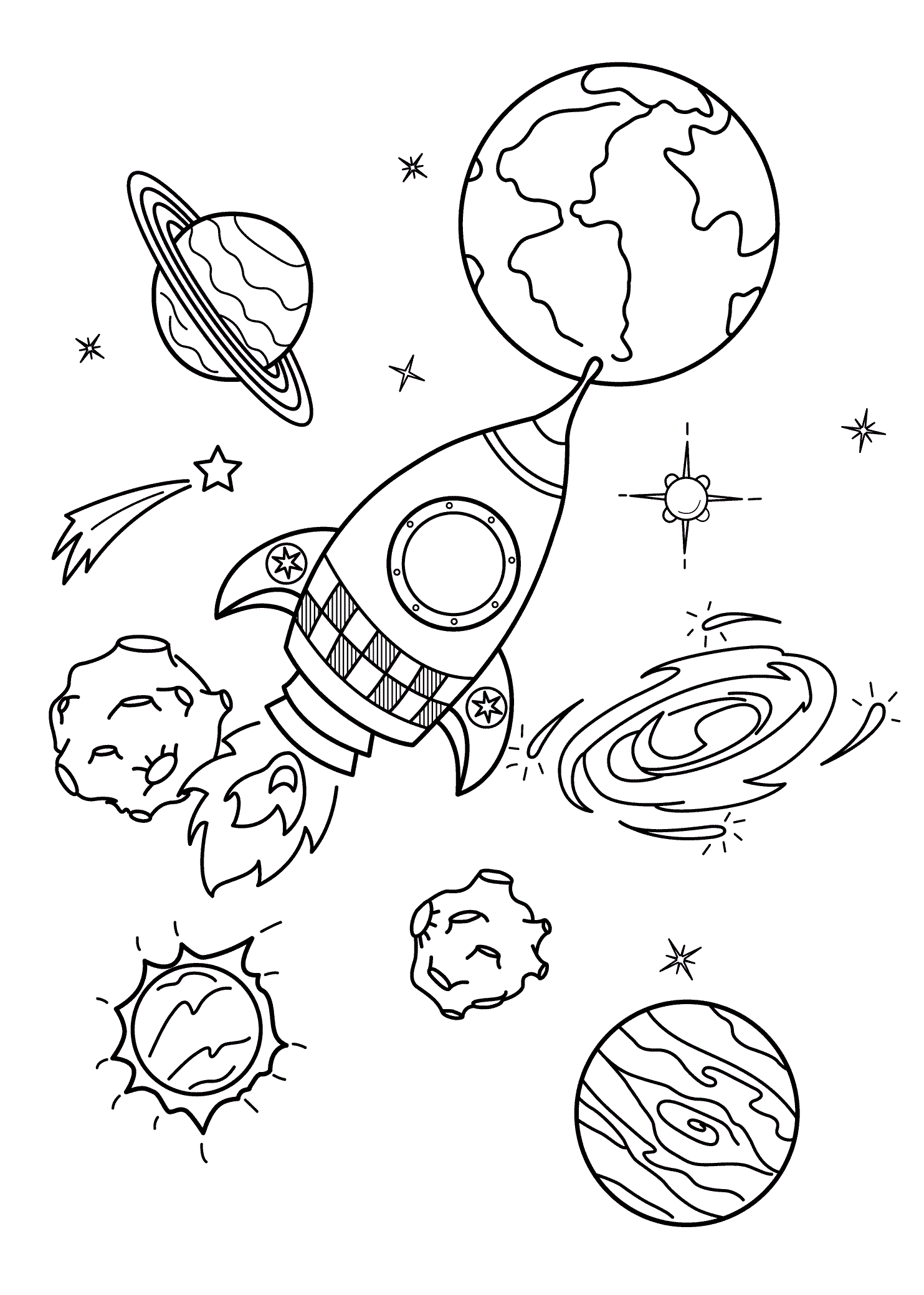 Spaceship And Planets Coloring Page