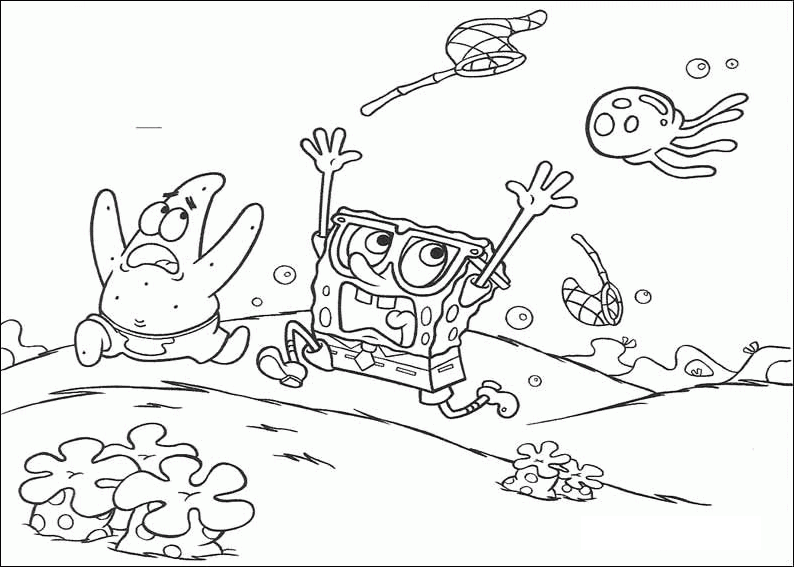 Spongebob Chased By Jelly Fish Coloring Page Coloring Page