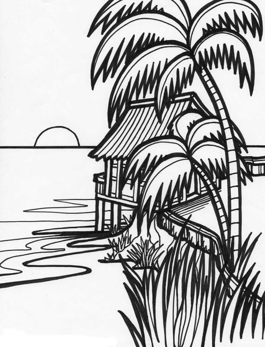 Sunset on a small house Coloring Page