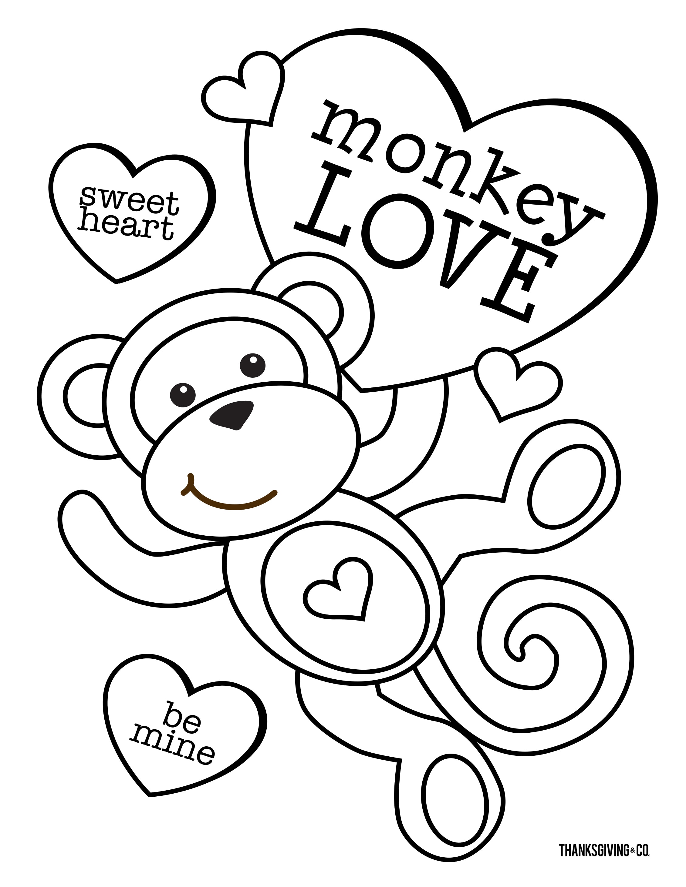 Sweet Heart Monkey Love Coloring Page