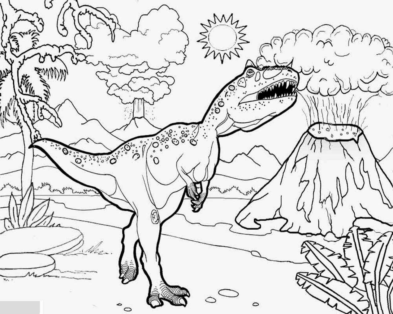 T Rex With Volcanoes Around Coloring Page