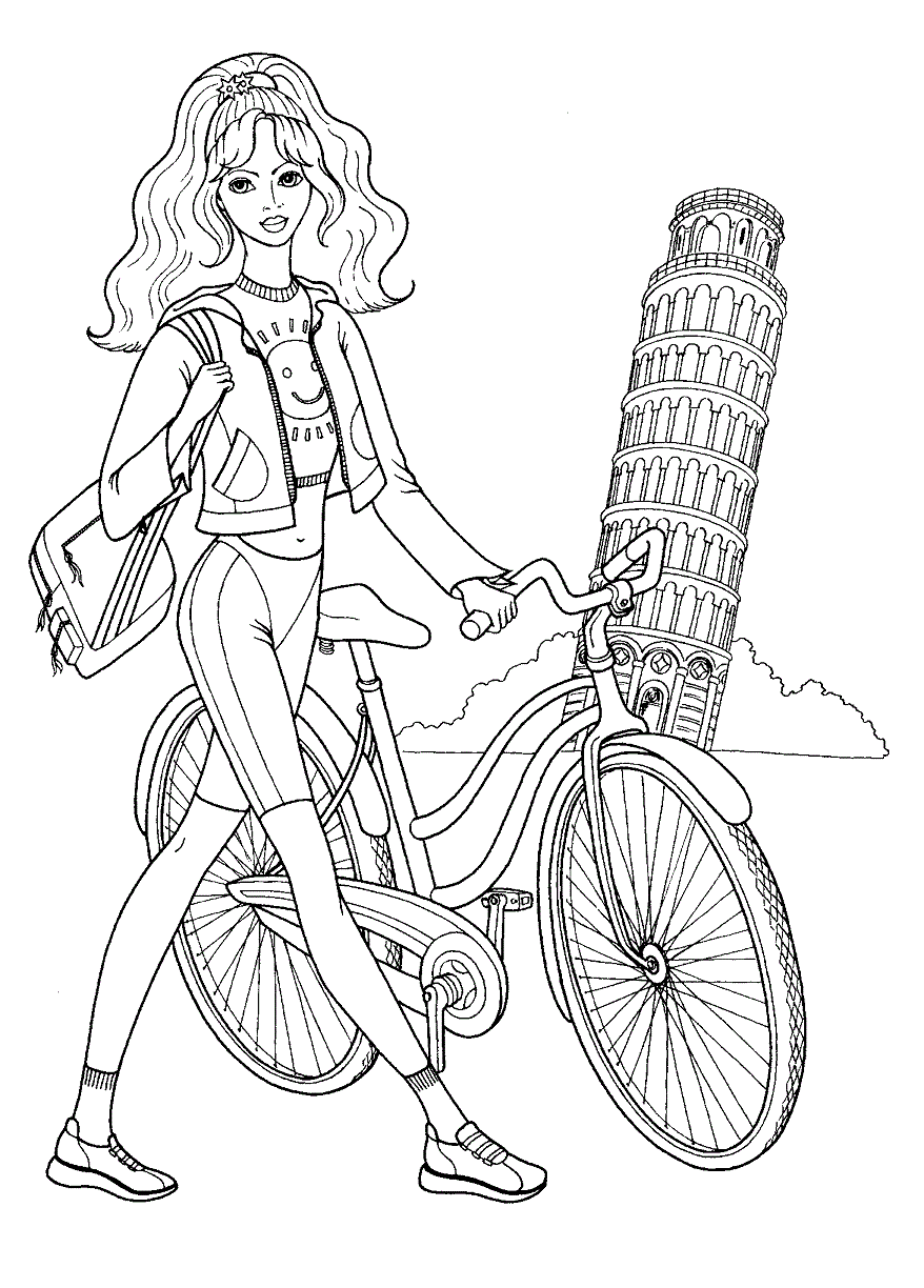 Teenager Girl Riding Bike In Pisa Coloring Page