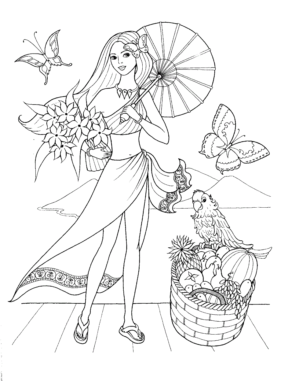 Teenager Girl With Bird And Flower Coloring Page