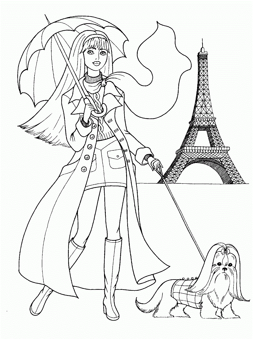 Teenager-Girl With Her Dog In Paris Coloring Page