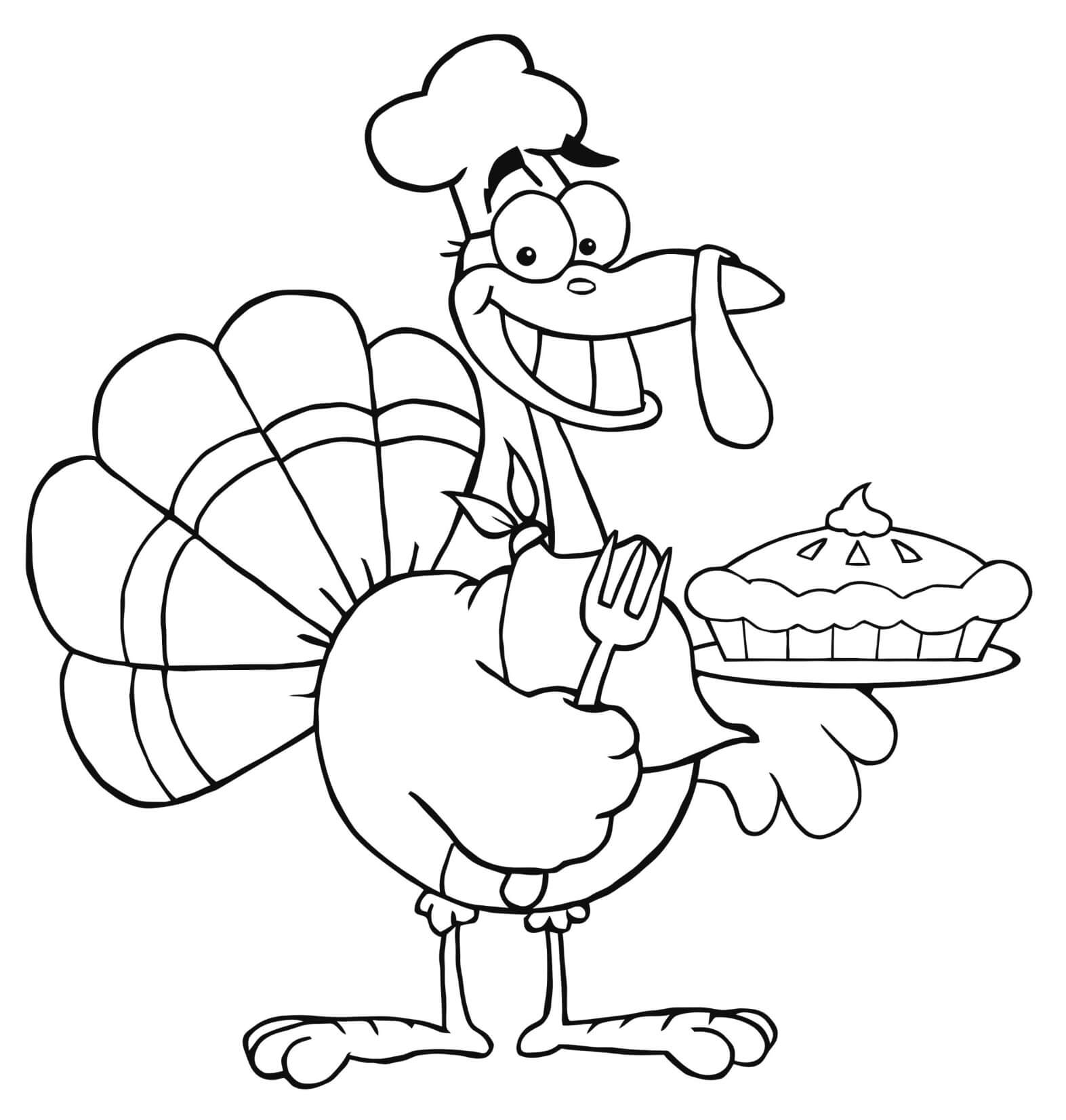 Thanksgiving Cartoon Turkey Chef With Pie Coloring Page