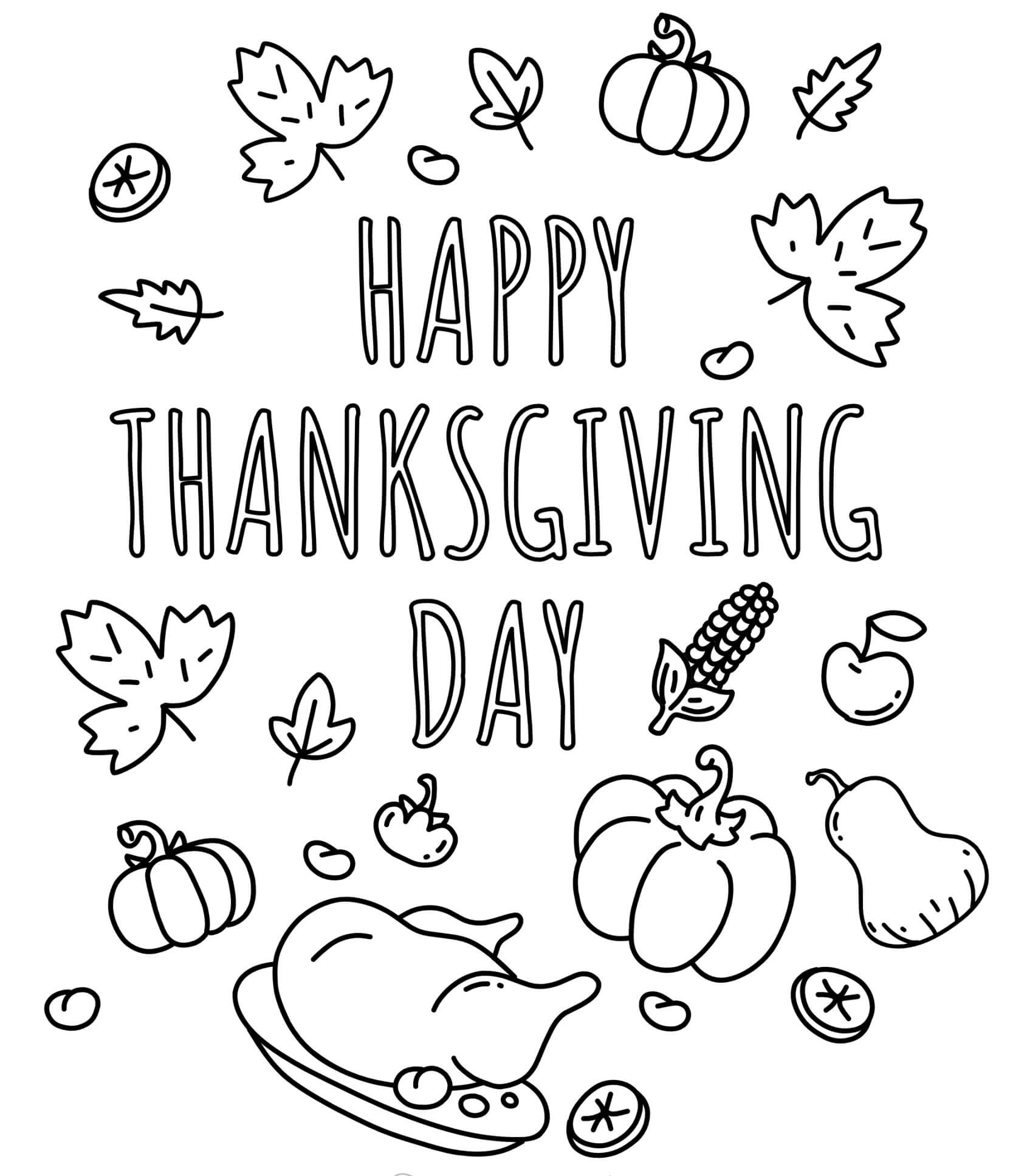 Thanksgiving Happy Thanksgiving Day Pumpkin Turkey Corn Leaves Coloring Page