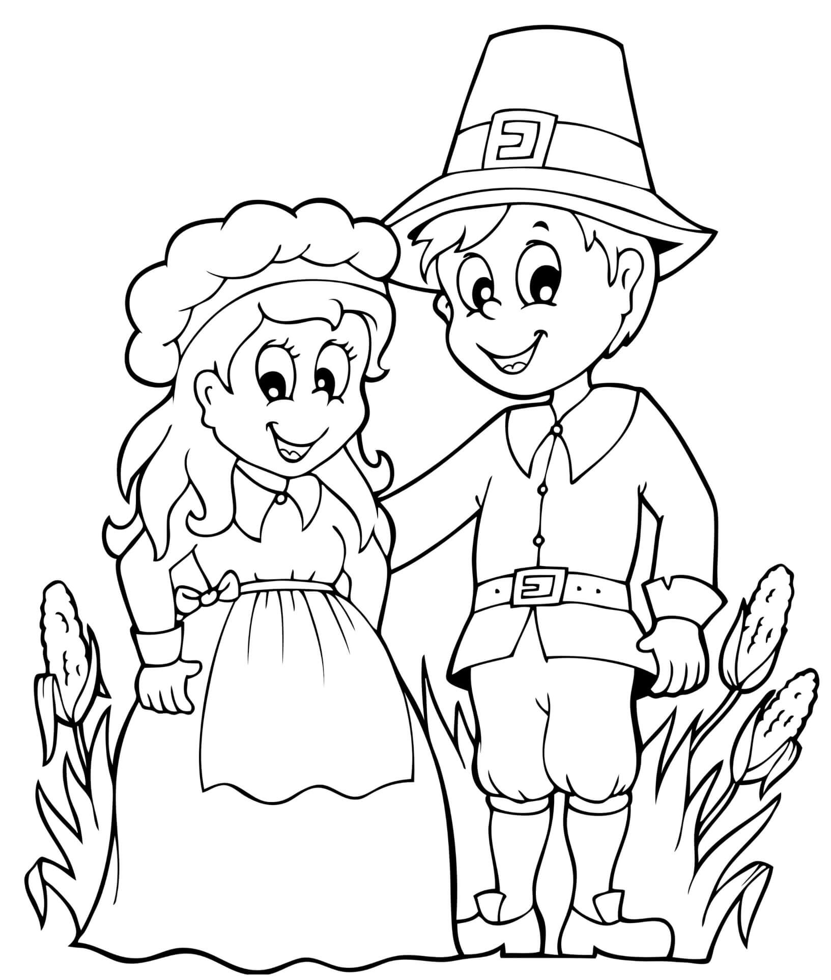 Thanksgiving Pilgrims Corn Harvest Coloring Page