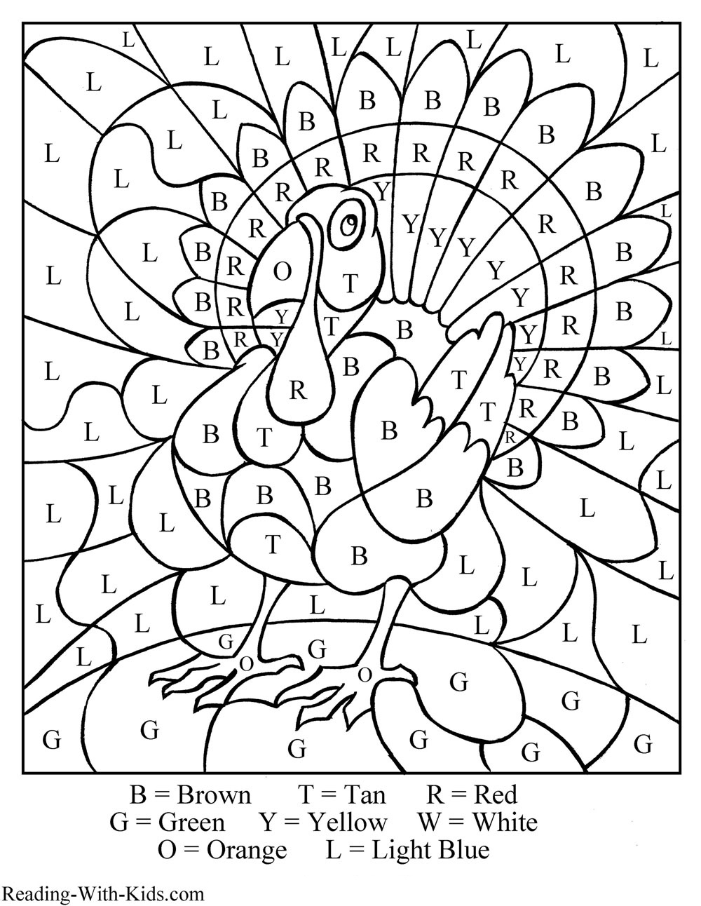Thanksgiving Turkey Color By Number Letter Coloring Page