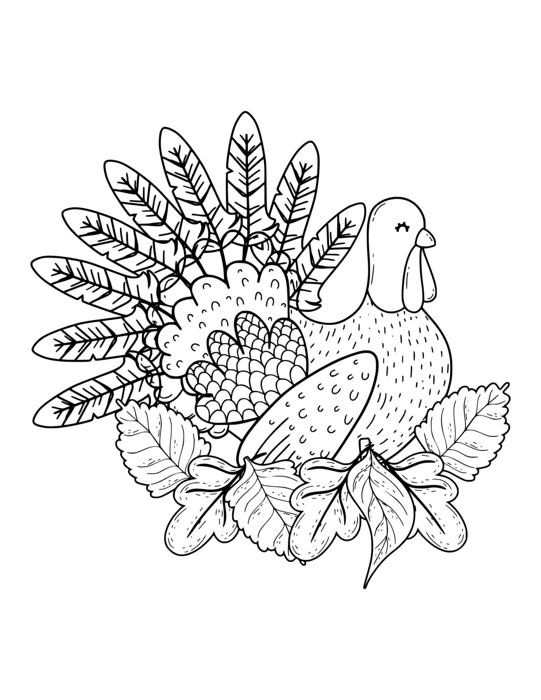 Thanksgiving Turkey In Leaves Coloring Page