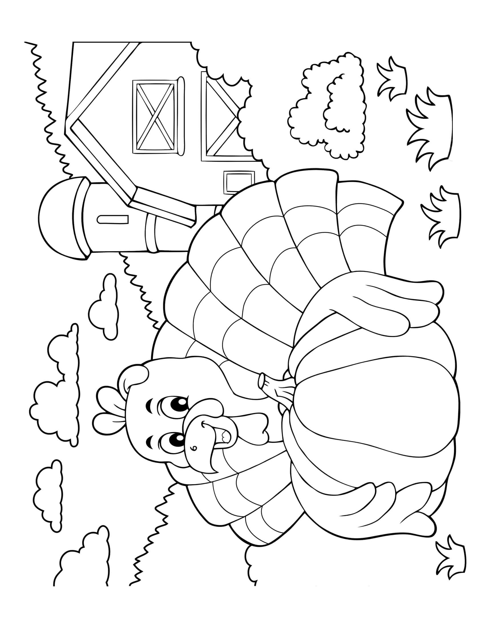 Thanksgiving Turkey Near Barn Coloring Page