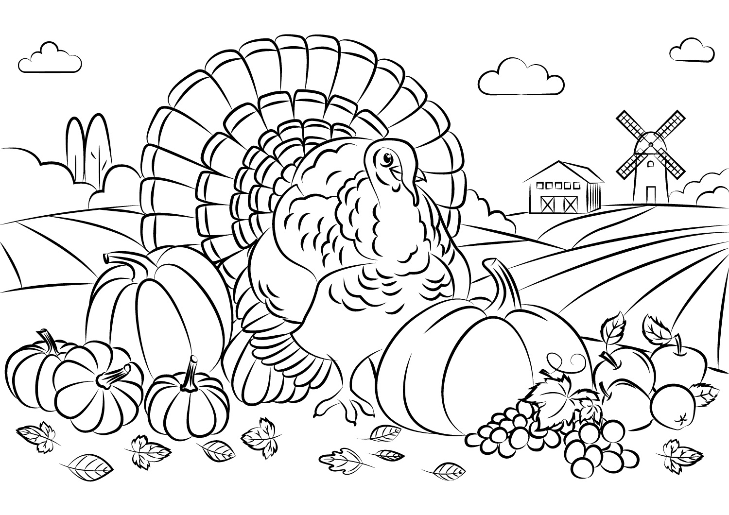 Thanksgiving Turkey With Harvest Coloring Page