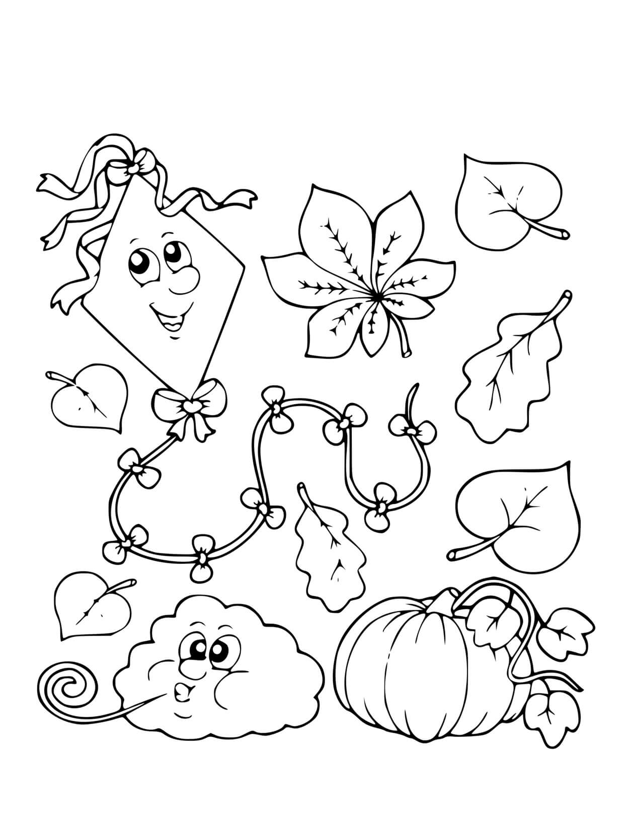 The Start Of Autumn Wind Pumpkin And Leaves Coloring Page