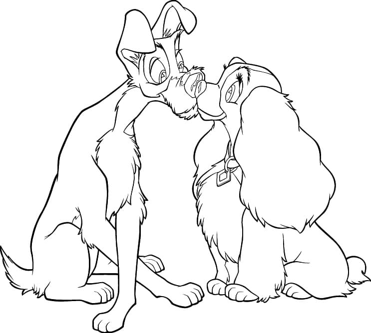 The Tramp and Lady Kissing Coloring Page