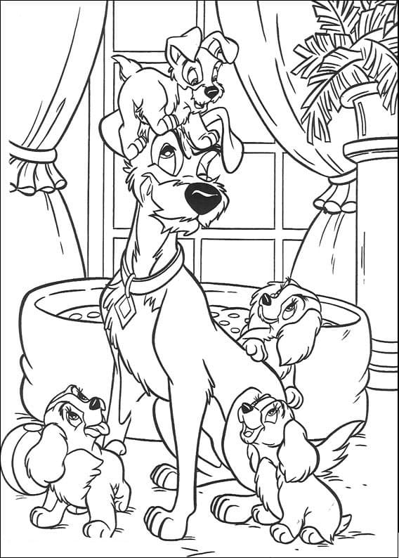 The Tramp and Puppies Coloring Page