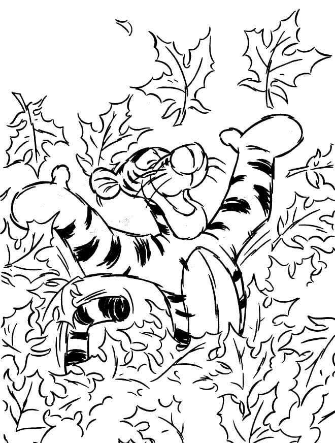 Tigger with Leaves Coloring Page