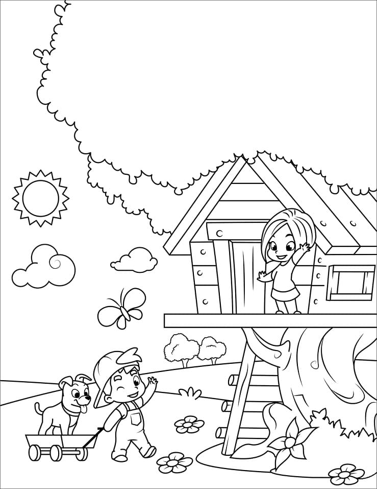 Treehouse and Kids Coloring Page