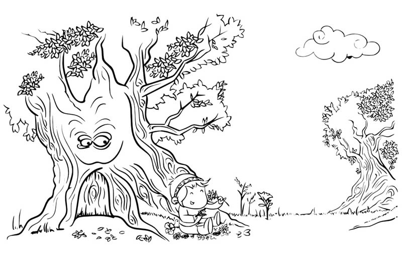 Trees With Child Coloring Page