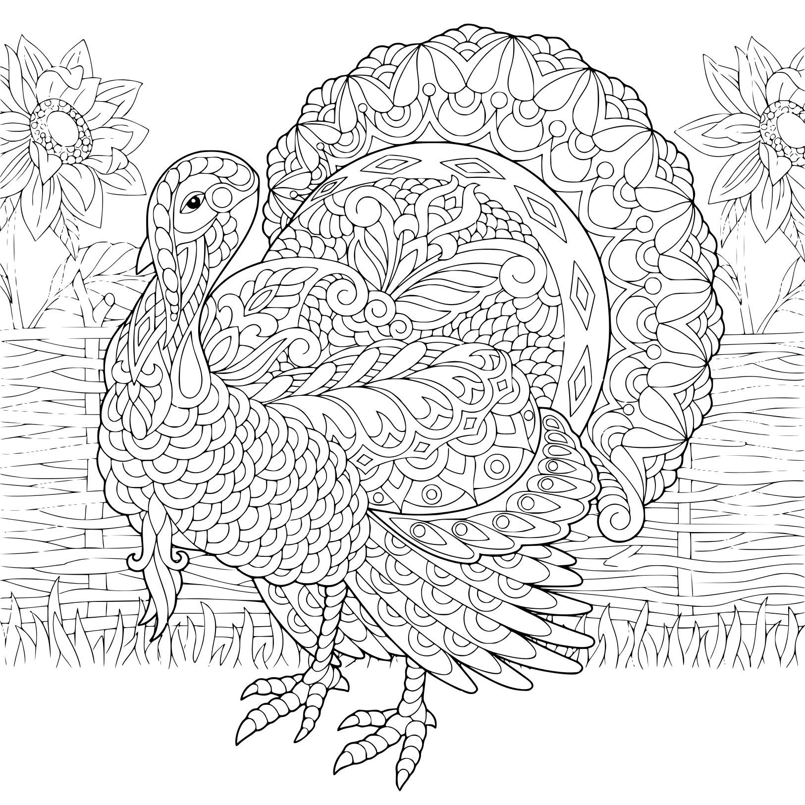 Turkey And Sunflowers On The Farm Yard Coloring Page