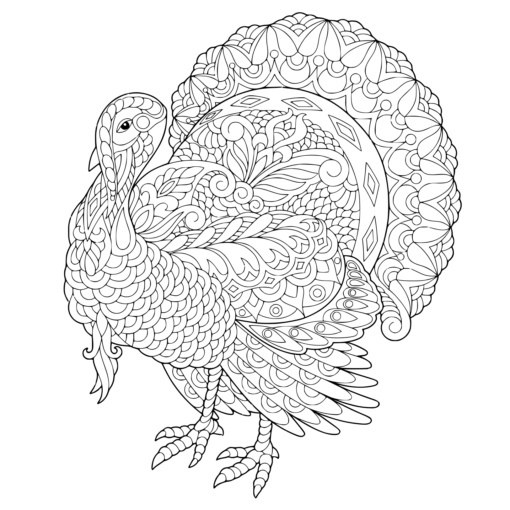 Turkey For Thanksgiving Day Greeting Adult Zentangle Coloring Page