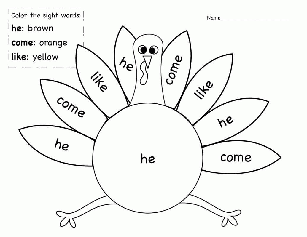Turkey Sight Words Coloring Page