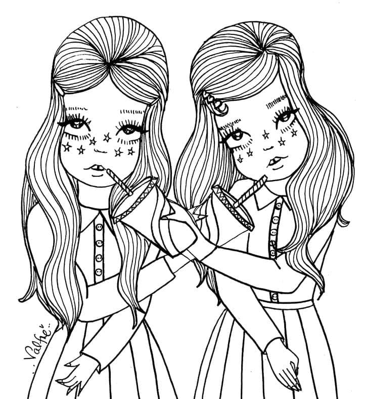 Twin Girls Aestheic Coloring Page