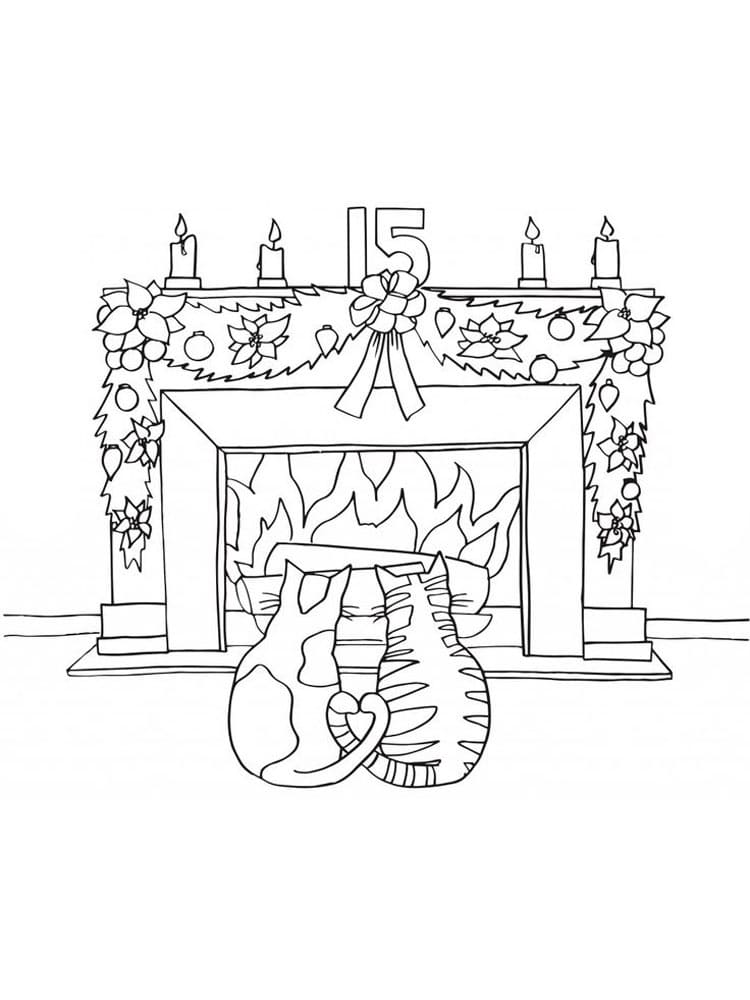 Two Cats and Fireplace Coloring Page