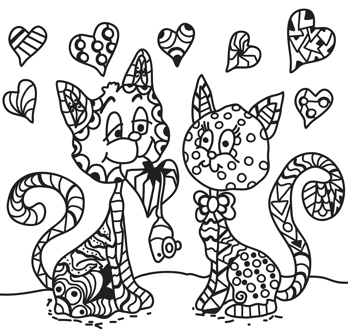 Two Cats In Love Zentangle Adult Coloring Page