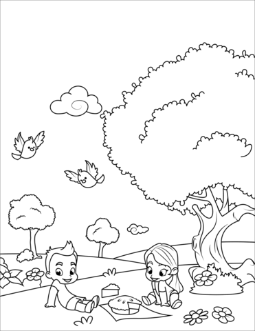 Two Children Going On Picnic Coloring Page