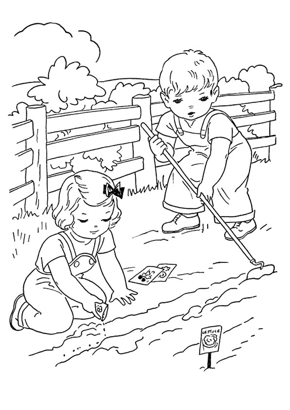 Two Kids Farming Coloring Page