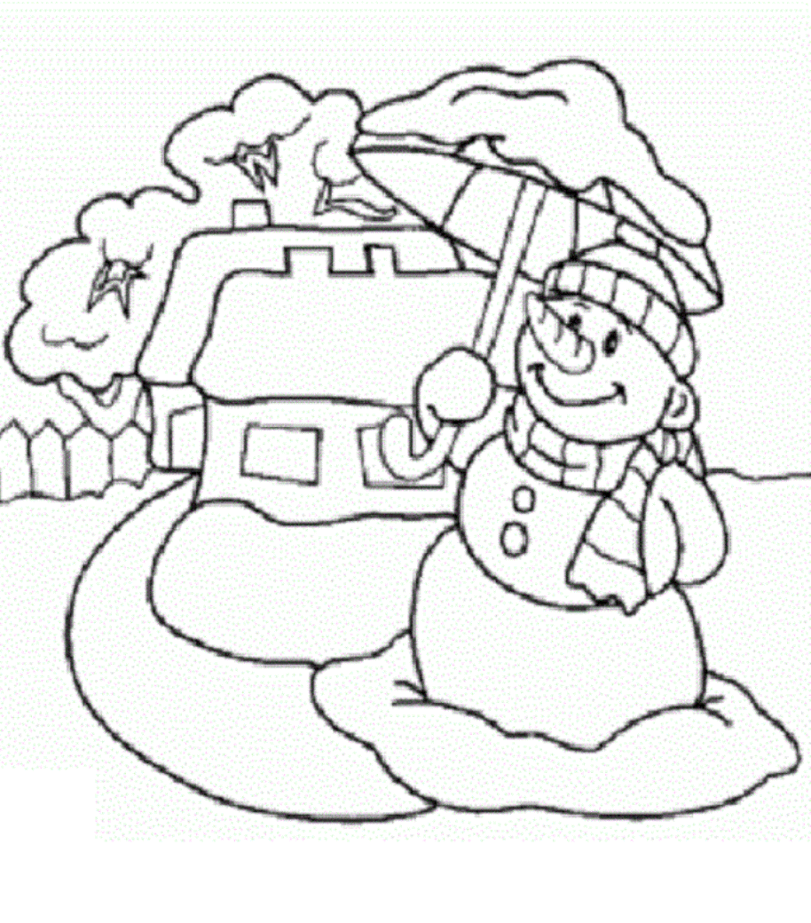 Umbrella And Snowman Coloring Page
