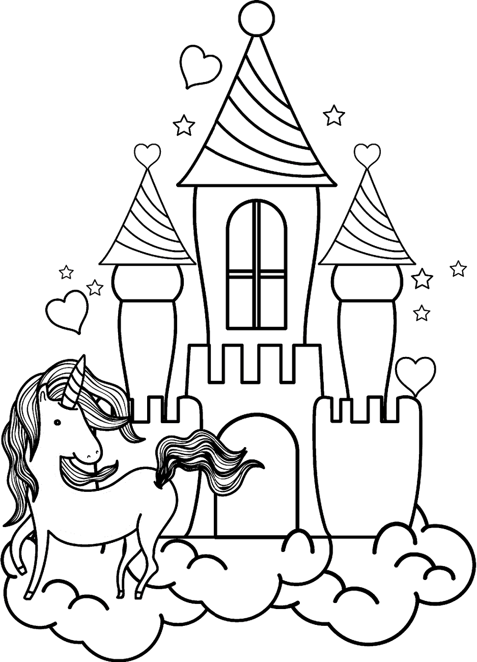 Unicorn And The Castle Coloring Page