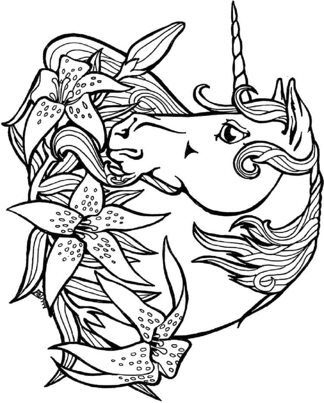 Unicorn Head And Flowers Coloring Page