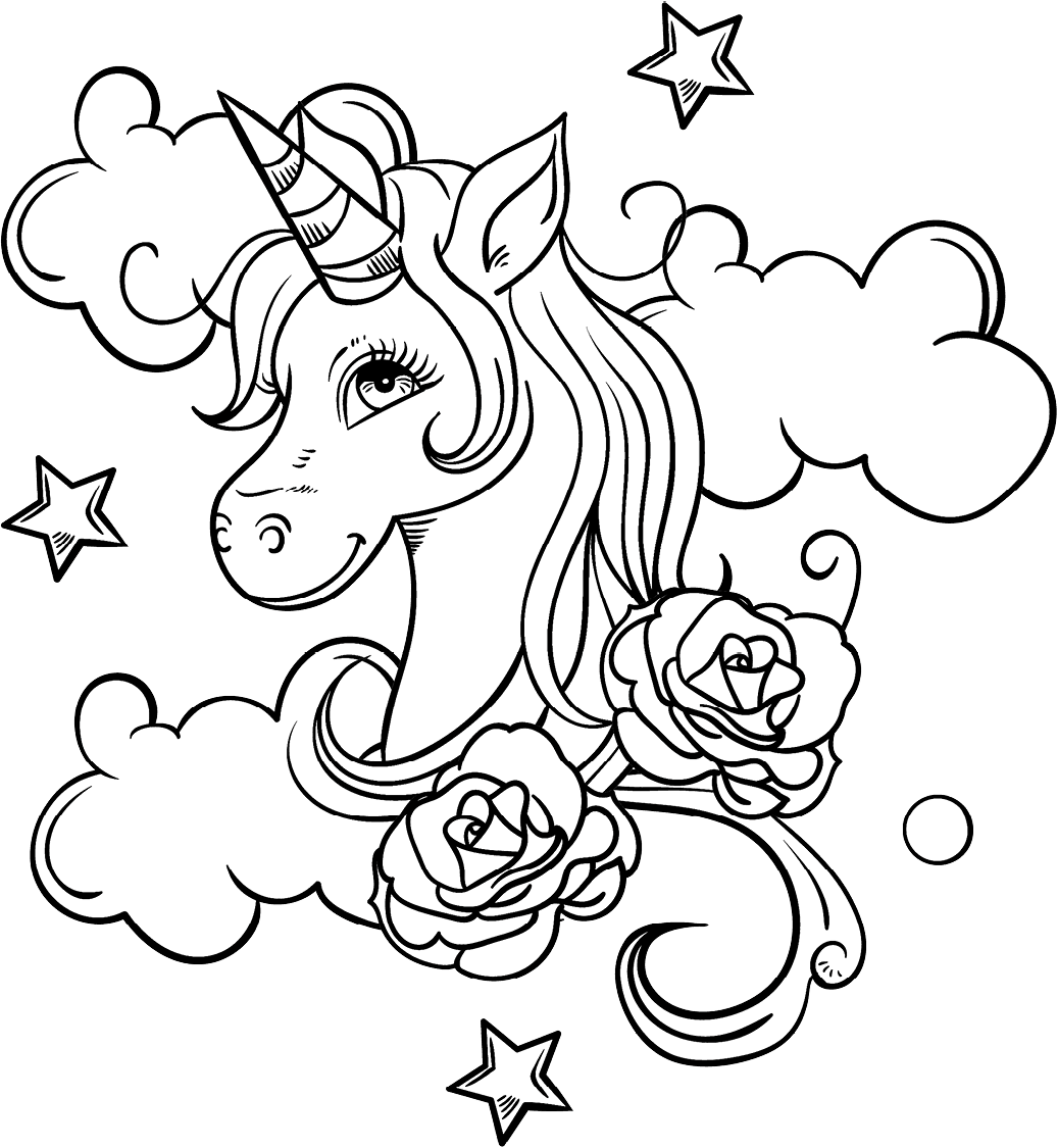 Unicorn Head And Roses Coloring Page