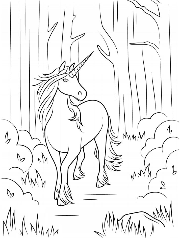 Unicorn In The Forest Coloring Page