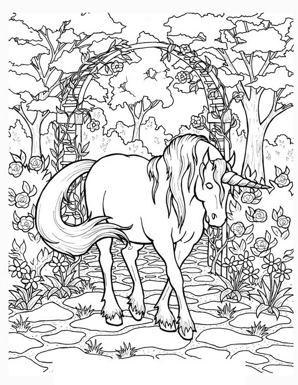 Unicorn In The Garden Coloring Page