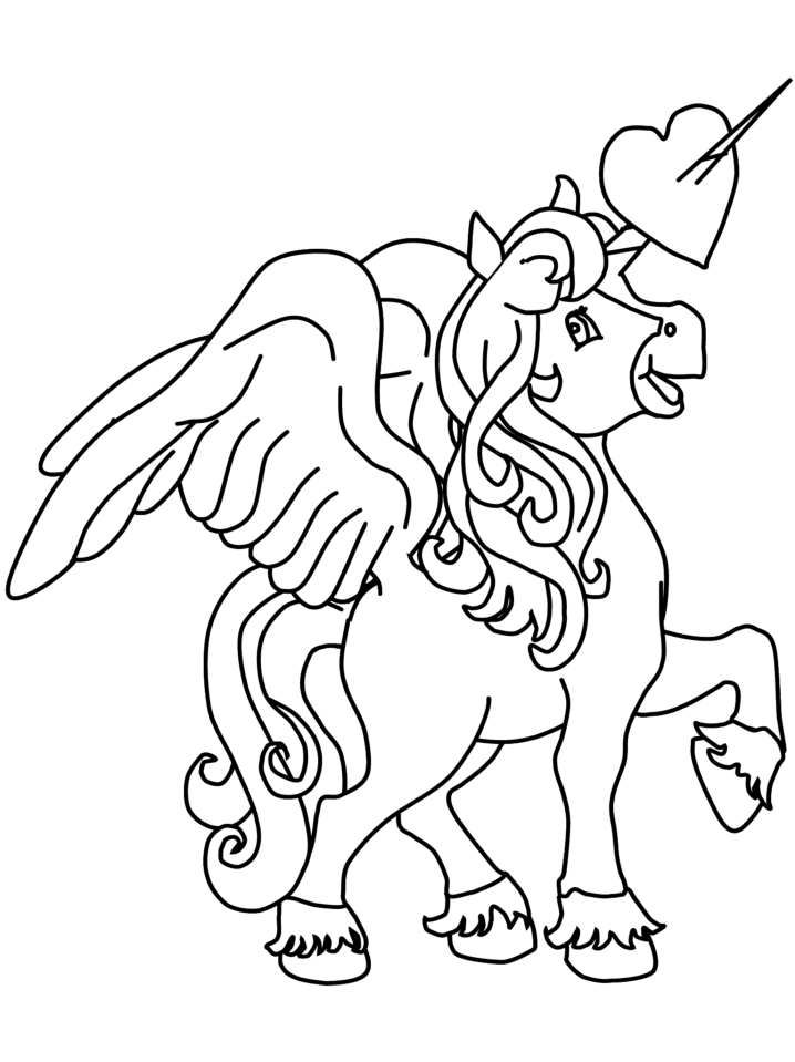 Unicorn With Heart On Horn Coloring Page